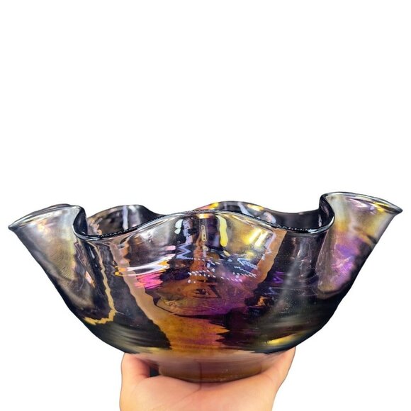 Hand Blown Chrome Iridescent Purple Art Glass Bowl Dish Ruffled Edge Large Bowl - Picture 16 of 16